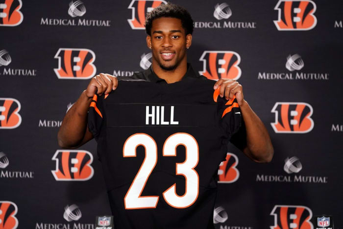April 29, 2022; Cincinnati, OH, USA; Cincinnati Bengals safety Daxton Hill (23) is introduced as the team s 2022 NFL Draft first-round pick, Friday, April 29, 2022, at Paul Brown Stadium in Cincinnati. Mandatory Credit: Kareem Elgazzar-USA TODAY NETWORK